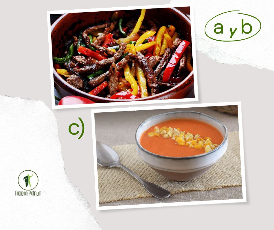 Ternera con pimientos estilo chino y salmorejo.